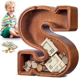 Summidate Spardose für Kinder Junge, Personalisiert Holz Großes Sparschwein, Unzerbrechliches Buchstabe A-Z Sparbüchse für Kinder Mädchen, Erwachsene, Geschenk&Dekoration