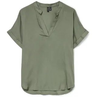 VERO MODA Damen Top Casual Splitneck umgeschlagene Ärmelbündchen Bluse Kurzarm, Farben:Grün-2, Größe:XXL
