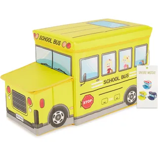 Bieco Aufbewahrungsbox mit Deckel Kinder Schulbus, faltbar, Sitzhocker mit Sitzgelegenheit, und Polsterung, Spielzeugkiste mit Stauraum, Sitztruhe, Jungen & Mädchen, 46 L, Belastbar bis 80 Kg, gelb