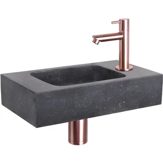 Differnz Bombai Black Waschbecken - Waschtisch Anthrazit Naturstein - Gerade Armatur Rot Kupfer - Komplettset - 40 x 22 x 9 cm