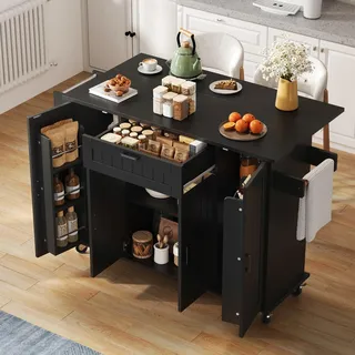 MODFU Küchenwagen mit 4 Türen und 1 Schublade,Kücheninsel auf Rollen mit integrierten Gewürzregalen in den Türen,Sideboard mit klappbarer Arbeitsplatte,Schwarz - Schwarz