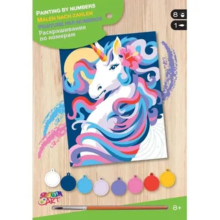 Mammut Spiel & Geschenk 8222002 - Malen nach Zahlen Junior Einhorn im Mondschein, Komplettset mit bedruckter Malvorlage im A4 Format, Einsteiger Set mit 8 Acrylfarben, Pinsel & Anleitung, Malset für Kinder ab 8 Jahre