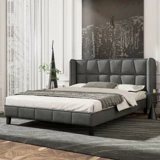 Flieks Polsterbett 140x200cm Doppelbett mit Lattenrost und Kopfteil, Holzbett Jugendbett Samt, Funktionsbett Ehebett, Grau - Grau