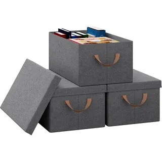 WOLTU Aufbewahrungsboxen, 3er Set, Box mit Deckel, Stoff Aufbewahrungskorb, Organizer Box für Spielzeug und Kleidung, Ordnungsbox, Klappbox, Faltbox Grau, 48x20x29 cm
