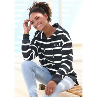 Kapuzensweatshirt ELBSAND "Marvi", Damen, Gr. XXL (44), blau (marine, weiß), Sweatware, Obermaterial: 95% Baumwolle, 5% Elasthan, gestreift, figurumspielend hüftbedeckend, Rippbündchen, Sweatshirts Kapuzensweatshirt, mit Logoprint, Topseller