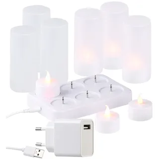 Lunartec LED Kerze USB aufladbar: 6 Akku-LED-Teelichter, flackernde Flamme, Acrylgläser, Ladestation (wiederaufladbare Kerzen, Kerze Akku, wiederaufladbar)