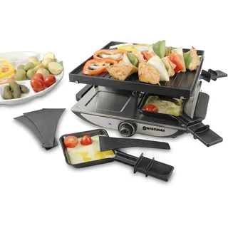 Swissmar Geneva Raclette 4 Personen, Raclette Grill mit Pfännchen und Schiebern, Mini Raclette-Grill mit antihaftbeschichteter Grillplatte und 4 Raclette Pfännchen, 800W