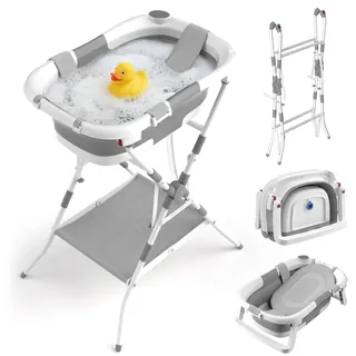 Relaxdays Babybadewanne faltbar, mit Gestell & Kissen, Babywanne, weiß/grau | bis 40 kg, HBT: 20,5x65x45,5 cm, Badewanne