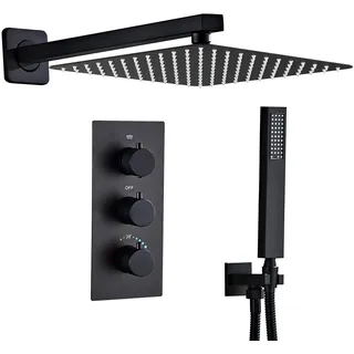 SaniteModar Unterputz Duscharmatur Set Schwarz mit Thermostat, Duschsystem Unterputz mit 25x25cm Regendusche, Duscharmatur Unterputz Komplettset mit Handbrause
