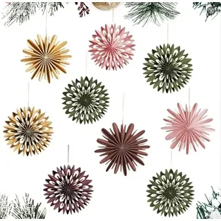 SUNBEAUTY Weihnachtsbaum Deko 3D Mini Papier Aufhängen Fächer Schneeflocke Hängen Papier Girlande Boho Pappsterne für Aussen Innen, Zuhause Weihnachten Deko Tischdeko,Waldgeburtstag (9 Stück,Bunt)