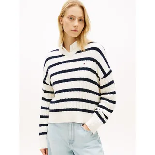 Strickpullover TOMMY HILFIGER "CO CABLE MID GG RLX LS V-NK SWT", Damen, Gr. S (36/38), weiß (ivory petal, schwarz n navy stp), Strick, Obermaterial: 100% Baumwolle, gestreift, relaxed fit normal, V-Ausschnitt, Pullover Strickpullover, mit Zopfmuster