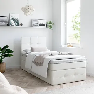 Boxspringbett, Kinderbett MERA PREMIUM MINI 80x200cm + Topper T25 mit Bettkasten, Einzelbett, Stauraum, Jugendbett (Kunstleder Weiss - MADRYT 120) - Weiß