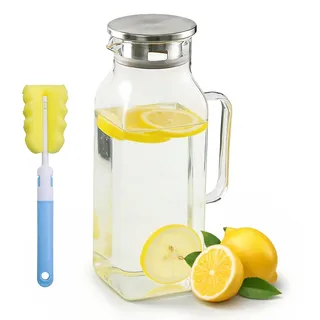 Glaskaraffe 2000ml, Hitzebeständige Wasserkaraffe aus Borosilikatglas mit Doppel-Ausguss, Quadratischer Wasserkrug für Kühlschranktür, Mit Netz-Filter für Tee, Saft, Eistee & Heißgetränke