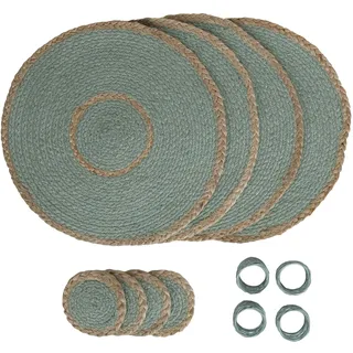Penguin Home Set mit 12 Jute-Platzsets, Untersetzern und Serviettenringen – Aqua Farbe – Runde Tischsets – handgefertigt von erfahrenen indischen Kunsthandwerkern – Durchmesser – 32 cm