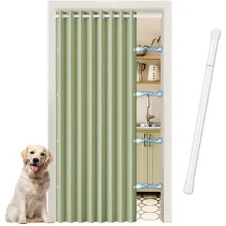 JCyh Magnetisch Türvorhang mit Teleskopstange -einfache Montage in nur 1 Minute ohne Bohren, 1 Stück Verdunkelungsvorhang Grün H 210 x B 150 cm für Zimmer Tür