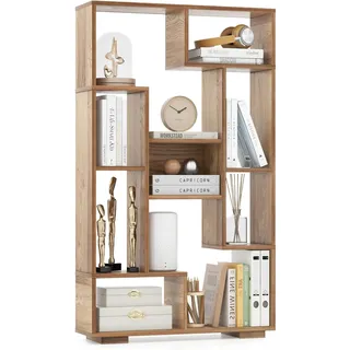 FANTASK Bücherregal mit 9 Fächern, 70 x 20 x 120 cm, Standregal Holz geometrisch mit offenen Ablagen, Würfelregal mit Kippschutz für Büro, Wohnzimmer (Holz)