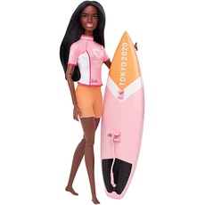 Barbie GJL76 - Olympische Sommerspiele Tokyo 2020 Surferin Puppe mit Outfit, Tokyo 2020-Jacke, Medaille, Tokyo 2020-Surfboard mit Finnen, Spielzeug für Kinder ab 3 Jahren