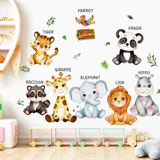 Kinder Wandtattoo Safari Tiere | Selbstklebend & Rückstandslos | Aquarell Wandsticker mit Tiger, Elefant, Panda & Co. für Babyzimmer & Kinderzimmer | Farbbox Verpackung