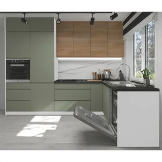 Feldmann-Wohnen Winkelküche L-Form 302 x 232 cm grün / weiß