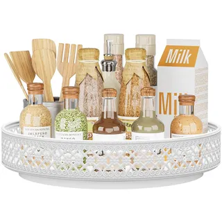 EKNITEY Lazy Susan Drehteller-Organizer – 33 cm drehbares Gewürzregal aus Metall, Gewürzaufbewahrung für Schrank, Speisekammer, Küche, Blumenmuster, Weiß