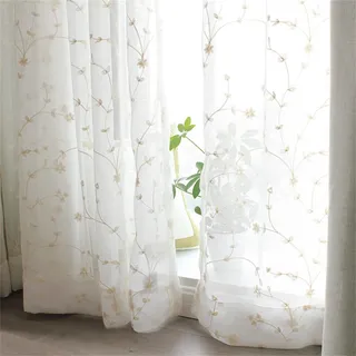 Freyamy Boho Blumen Gardinen Bauernhaus Voile Landhausstil mit Stangedurchzug,Weiß Outdoor Vorhänge Dekoschals Halbtransparent Vorhänge 2 Stück Wohnzimmer Vintage Stores Vorhang 160x140 cm (HxB)
