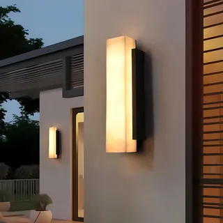 AußEnlampe Wand Marmorimitat-Optik,Modern Wandleuchte Aussen FüR Villa-TorsäUle,Aus Harz Und Schwarz Edelstahl Rechteckige Wandlampe Außen,Wasserdichte Aussenlampe Wand LED Wand Warmes Licht-45Cm