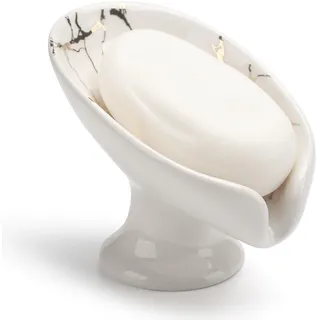 Seifenschale mit Ablauf, Keramik Seifenhalter, Selbstentleerender Seifenhalter, Blattform Seifenablage für Badezimmer, Dusche, Waschbecken, Küche, Weiß