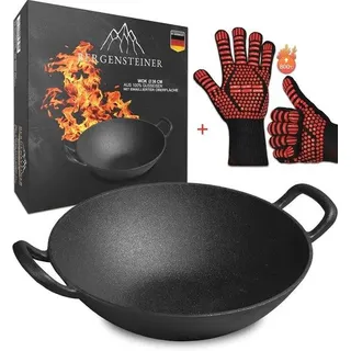 Famanu Wok 36 cm - Emailliert, Für Induktion und Gasgrill, Inklusive Grillhandschuhe