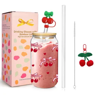 Mason Life Glasbecher mit Deckel und Strohhalmen, Rosa Kirsche Eiskaffeetasse, Vielseitiger Trinkbecher, 530ml Niedlicher Glasbecher Geschenk für Frauen Mädchen Freundinnen