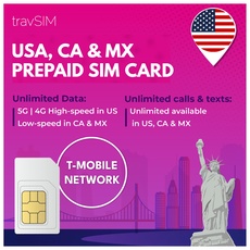 travSIM USA, Canada Mexico SIM Karte | T-Mobile-Netzwerk | 50 GB Daten für die USA, 5 GB für Kanada und Mexiko | Unbegrenzte Inlandsgespräche und SMS | Gültig für 21 Tage