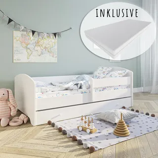 Kinderbett 70x140 cm mit Matratze und Schublade, Rausfallschutz & Lattenrost in weiß Komplettbett Jugendbett Einzelbett Holz Junge Mädchen - Weiß