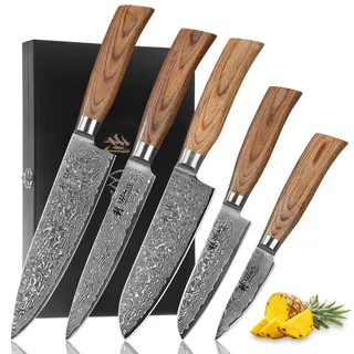 Wakoli EDIB Pro 5-teiliges Küchenmesser Set aus Damaststahl (VG10 Kern) in Holzbox – Scharfes Damastmesser Set mit Pakkaholzgriffen – Messerset mit Chefmesser, Fleischmesser, 2× Santoku & Officemesser