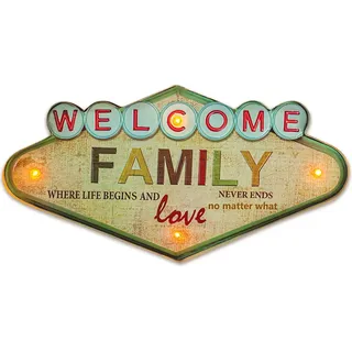Metallschild RETRO LED Welcome Family Schild groß Leuchtschild, Dekoration für das Zuhause: Familien-Schriftzug an der Wand für das Wohnzimmer, Willkommensschild am Eingang zur Küche, Zimmer.