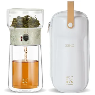 ZENS Modern Teekanne Glas mit Sieb, One-Touch Teezubereiter für Losen Tee mit Isolieren Becher, Magic Tea Pot for Tee Zubereitung mit Portable Tragetasche, Cooles Drachen-Muster, weiß