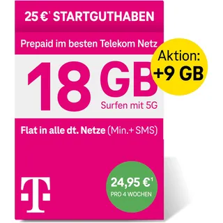 Telekom Deutsche Telekom MagentaMobil Prepaid XL SIM-Karte ohne Vertragsbindung,5G inkl.I18 GB & Allnet Flat (Min, SMS) in alle dt.Netze+EU-Roaming ISurfen mit 5G/LTE Max& Hotspot Flat I25 EUR Startguthaben