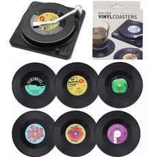 Litensh 6 Stück Retro CD Vinyl Schallplatten-Untersetzer, rutschfeste Getränke-Untersetzer, isoliert, für Tee, Kaffee, Getränke, Tisch-Schutz, verhindert Verrutschen mit Halterung