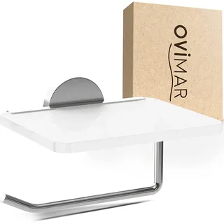 ovimar Toilettenpapierhalter Helnaes Papierrollenhalter mit Glasablage Silber | Klopapierhalter zum Bohren oder Kleben | Klorollenhalter mit Ablage | WC Rollenhalter Silber