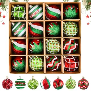 Grinch Weihnachtskugeln, 6cm Weihnachtskugeln Kunststoff Grün Rot, 16Stück Glitzernde Hängende Weihnachtsbaumkugeln für Baumdekoration, Christbaumkugeln Plastik für Weihnachtsbaum Deko Elfen Thema