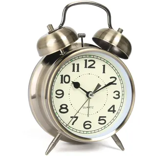 AYRELY® Wecker laut für Tiefschläfer, Doppelglocken Retro-Tischuhr, 4 Zoll, Wecker analog ohne Ticken mit Nachtlicht für Schlaf- und Nachttische(Bronze)