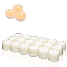 Candelo 24er Set Hochwertige Teelichte Ambiente - Kerzen Teelichter in Weiß ohne Duft - Kunststoff Hülle - 3,8 x 1,7cm je Teelicht - 4 Std Brenndauer