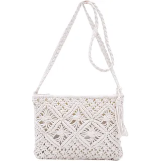 TeeYee Damen Exotisch Geflochtene Umhängetasche Strandtasche Retro Handtasche mit Quaste für Freizeit Urlaub weiß
