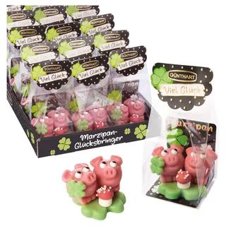 Günthart 15 Marzipan Schweinchen auf Kleeblatt, im Cellophanbeutel einzeln verpackt mit Zutatenliste mit je 27 gr, 1er Pack (405 gr)