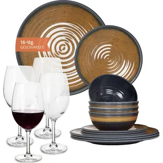 Melamin Camping Geschirr Set 4 Personen Stone Curry + 4 Tiamo Rotwein Gläser Rot Weingläser Tafelgeschirr Picknick BBQ Kochgeschirr