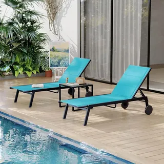 GarveeHome 3-Teiliges Terrassen-Lounge-Set Mit 2 Liegen Aus Textilene-Gewebe Und 1 Couchtisch, Gepolstert Loungesessel Mit Verstellbarer Rückenlehne, Liege Mit Rollen, Für Poolbereich, Terrasse