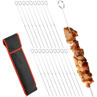 Relaxdays Grillspieße Edelstahl, 20er Set Schaschlik-Spieße, mit Tasche, Fleisch & Gemüse, 31 cm, Metallspieße, Silber