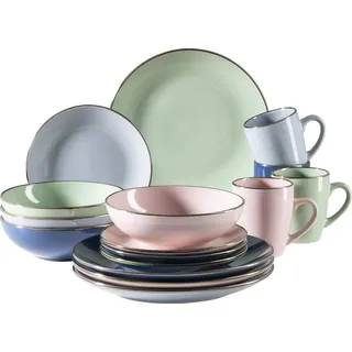Moderne 4-Personen Servierset mit Metallic Rand, 16-teilig, mit bunten Trimmervormen, Steingut, Pastell'n'Blau