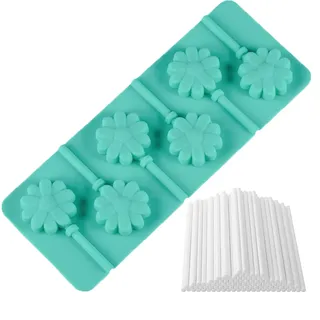 WishesMar Silikonform für Cake Pops Lollis Form einer Blume Flexible Backform für Lutscher Herstellen - Antihaft Küche Silikon Form mit 50 Sticks für Schokoladen, Bonbons, Pralinen, Lollipop