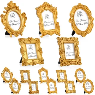 Maitys Mini-Bilderrahmen, Vintage-Stil, klein, antikes Foto, Barock, kunstvoller ovaler Rahmen, Tischdekoration, Heimdekoration, Hochzeitsdekoration, goldfarben, 15 Stück