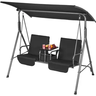 VEVOR 2-Sitzer-Hollywoodschaukel Terrassenschaukel mit verstellbarem Baldachin, Aufbewahrungstasche und drehbarem Tablett Oxford-Gewebe und Rahmen aus legiertem Stahl für Balkon Hinterhof Schwarz