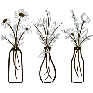 Vexsama 3 Stück Metallbild Blumen Metall Wanddeko Metallblumen Wandkunst Wandskulptur für Badezimmer Schlafzimmern Wohnzimmern (Hellblau & Schwarz)